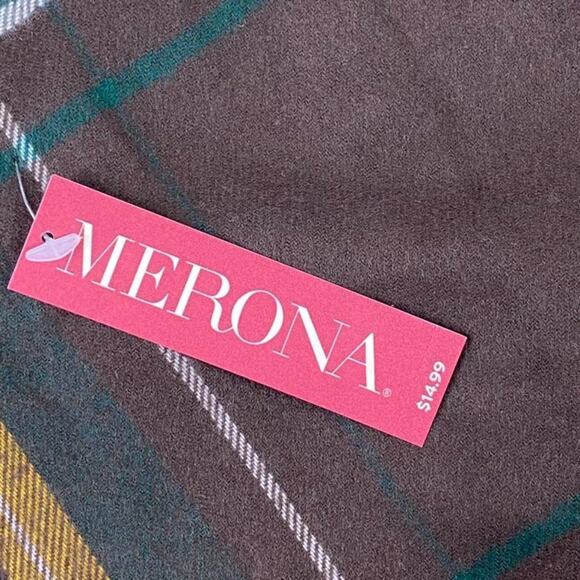 Soft Merona Unisex Tartan Plaid Fringe Scarf 65" X 11" Brown Tan Yellow Green - Picture 7 of 9